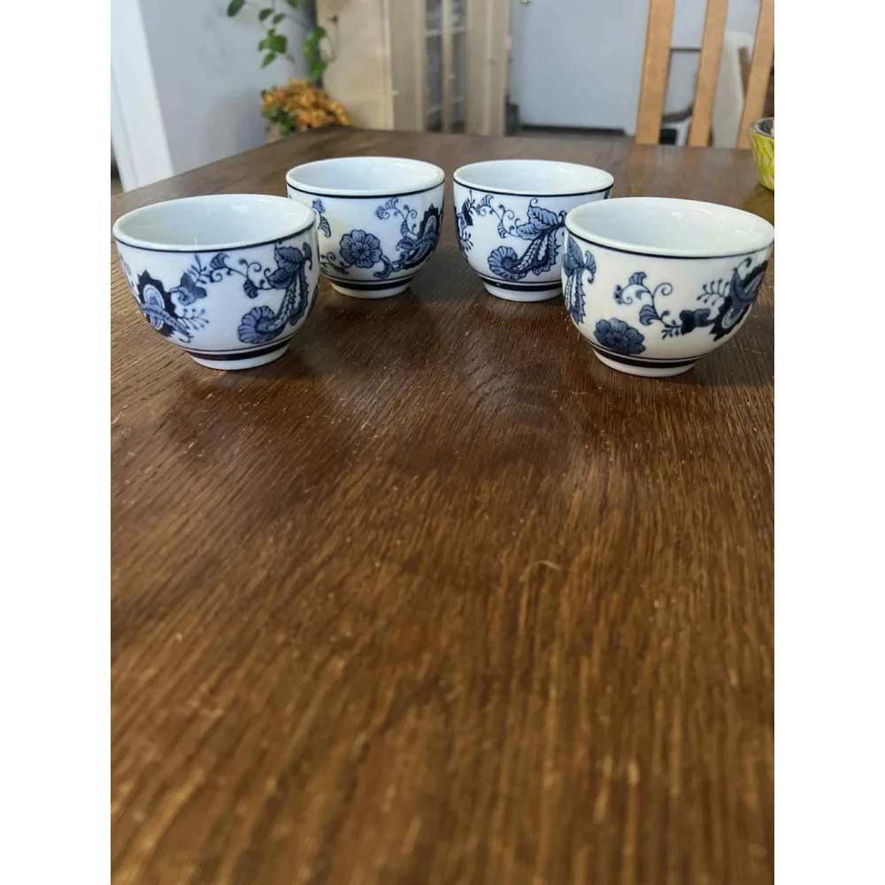 Pier 1 Imports Hand Painted Porcelain Tea Cups Set X4 Blue White Floral Asian